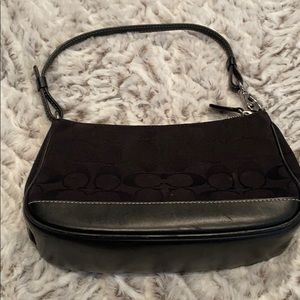 Coach black monogram canvas leather trim pochette